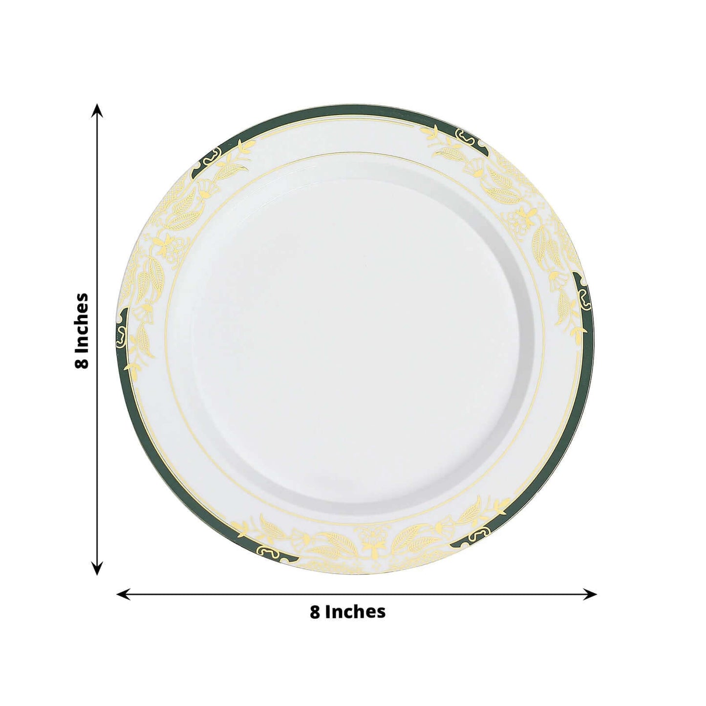 10-Pack Plastic 8" Round Dessert Plates in White with Hunter Emerald Green Rim - Stylish Gold Vine Design Disposable Salad/Appetizer Plates for Special Occasions & Celebrations