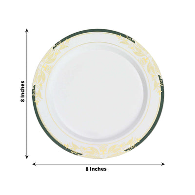 10-Pack Plastic 8" Round Dessert Plates in White with Hunter Emerald Green Rim - Stylish Gold Vine Design Disposable Salad/Appetizer Plates for Special Occasions & Celebrations