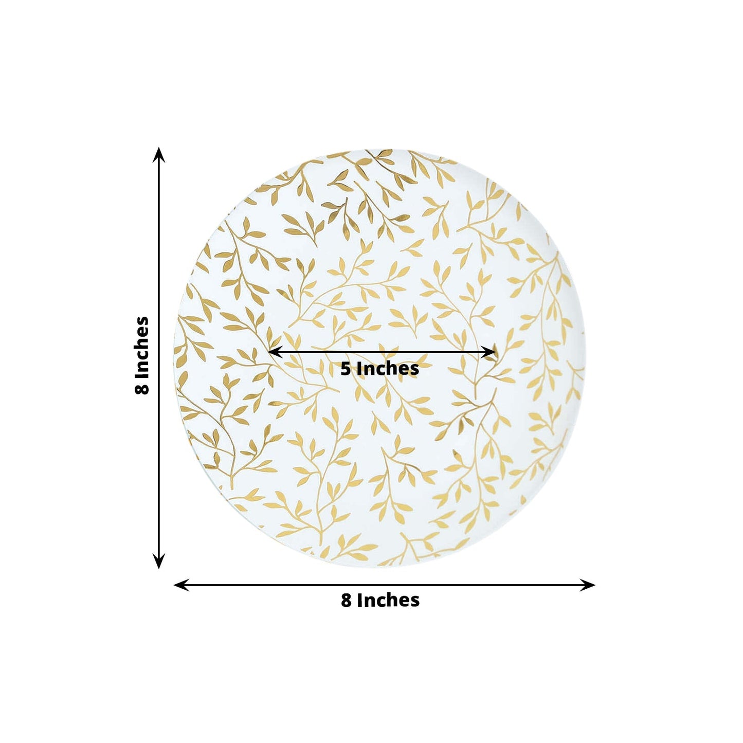10-Pack Plastic 8" Round Salad Dessert Plates in White with Gold Leaf Design - Heavy Duty Disposable Party Plates for Stylish Events & Memorable Gatherings