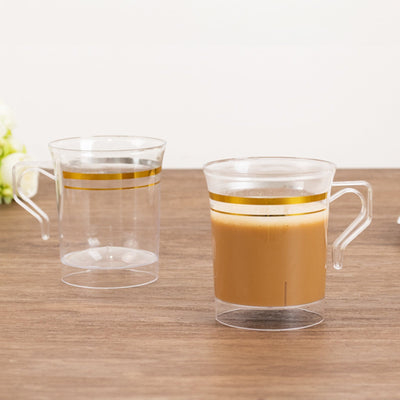 8-Pack Plastic Coffee Mugs Clear with Gold Stripes - Sturdy Disposable Cups for Coffee and Tea 8oz 3.5"