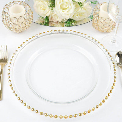 8 - Pack Glass Round Charger Plates 12" Clear with Gold Beaded Rim, Event Tabletop Decorative Dinner Charger Tableware - Linen Luxes