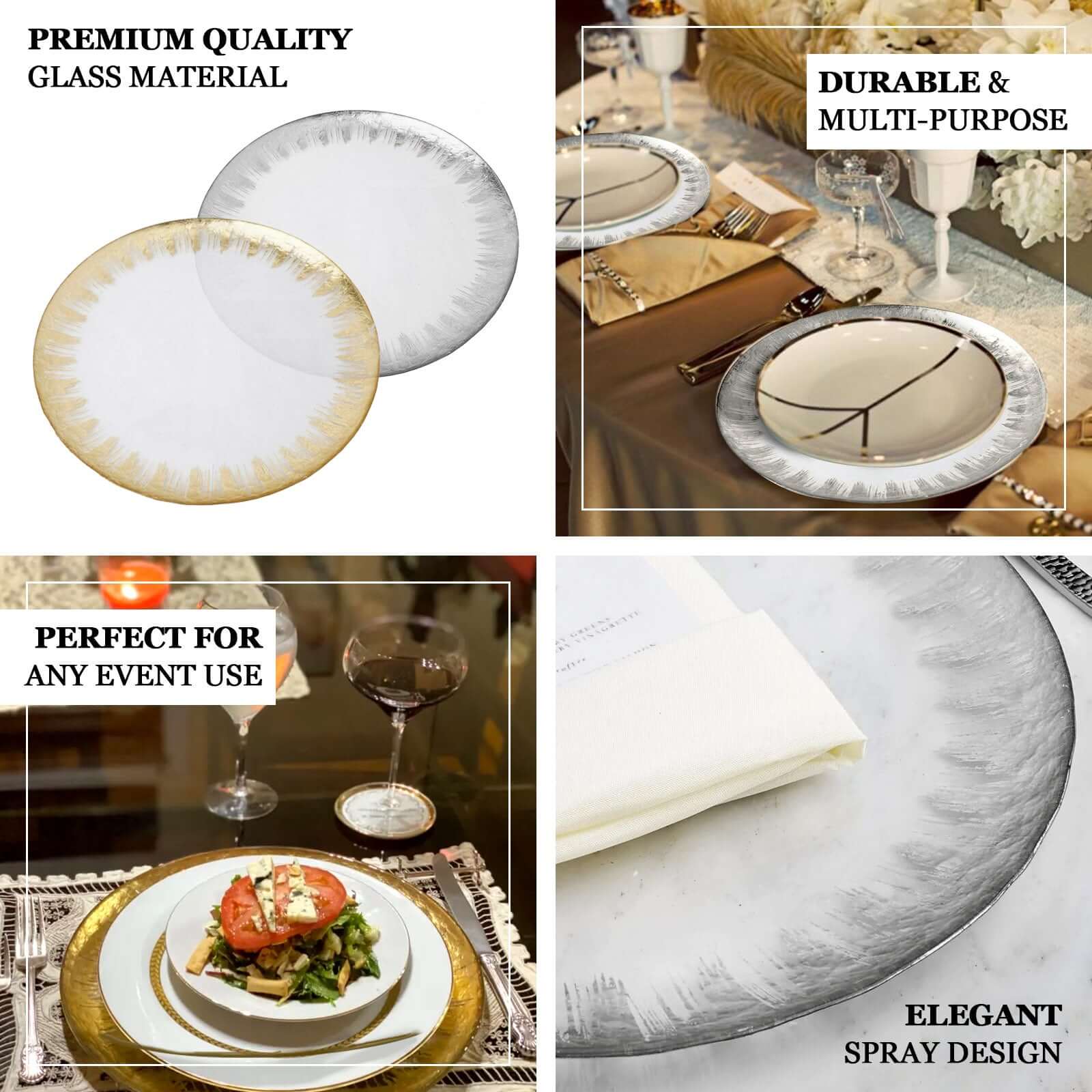 8 - Pack Glass Round Charger Plates 13" in Clear with Metallic Gold Spray Rim, Decorative Dinner Charger Tableware - Linen Luxes