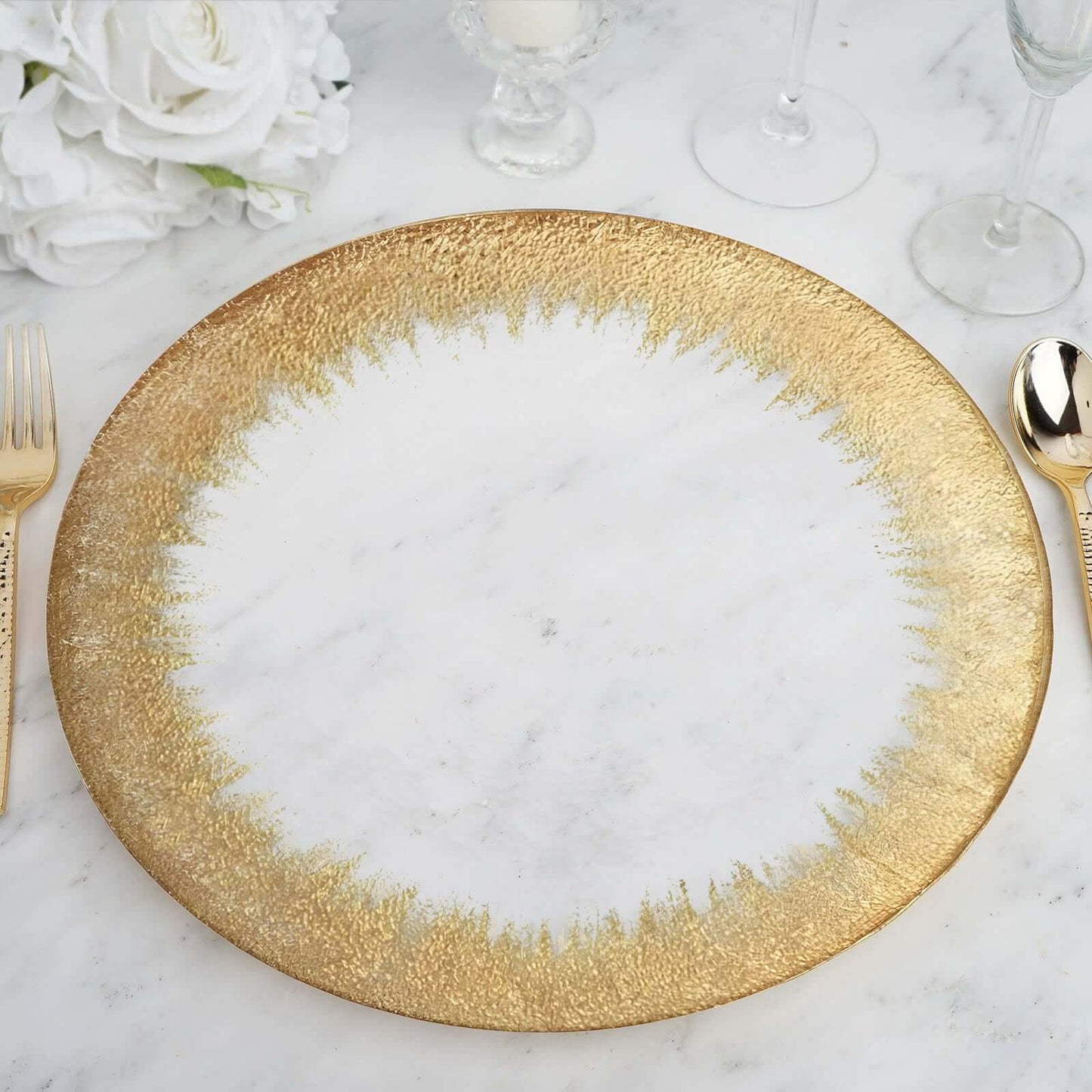 8 - Pack Glass Round Charger Plates 13" in Clear with Metallic Gold Spray Rim, Decorative Dinner Charger Tableware - Linen Luxes