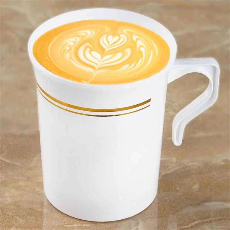 8 - Pack Plastic Coffee Mugs White with Gold Stripes - Sturdy Disposable Cups for Coffee and Tea 8oz 4" - Linen Luxes
