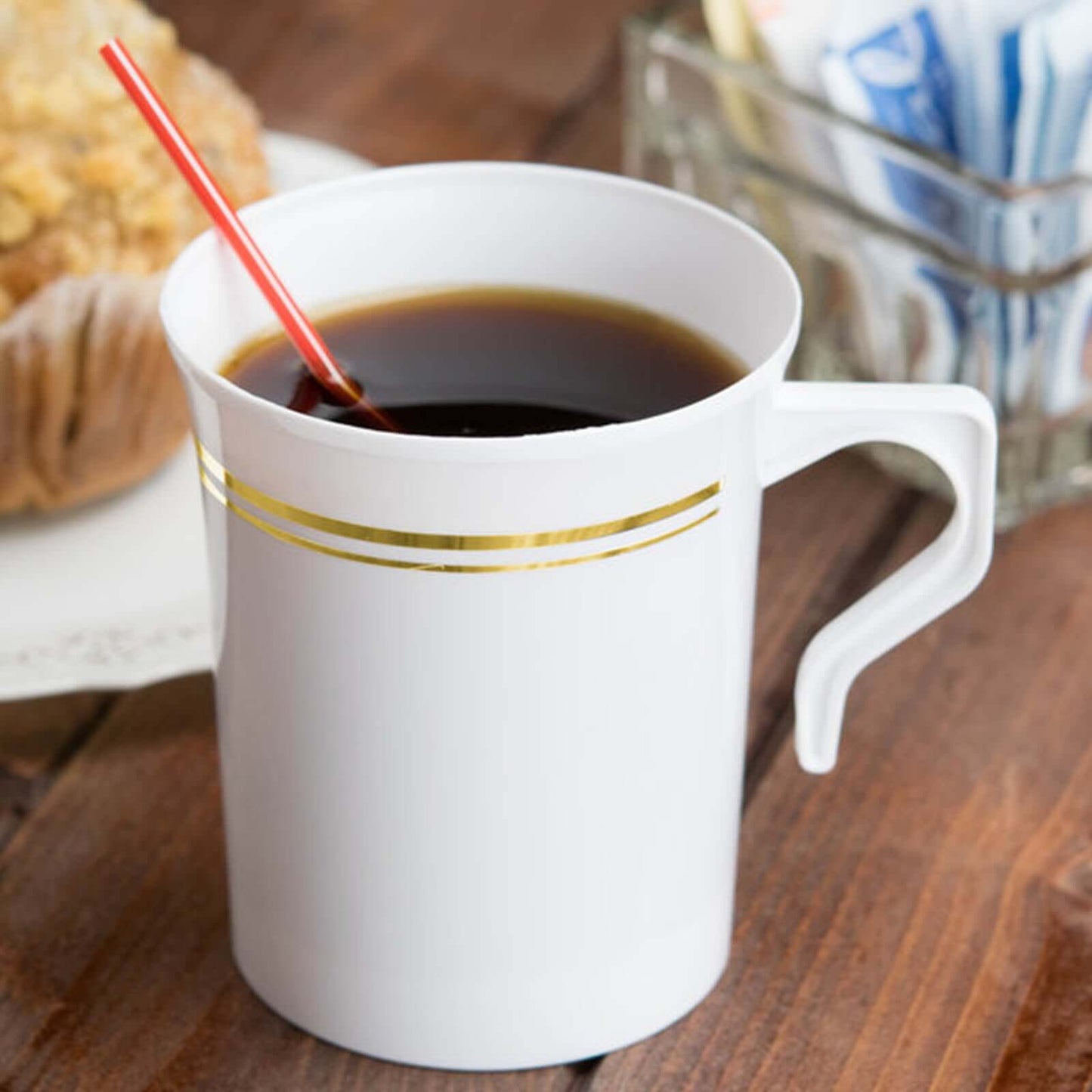 8 - Pack Plastic Coffee Mugs White with Gold Stripes - Sturdy Disposable Cups for Coffee and Tea 8oz 4" - Linen Luxes