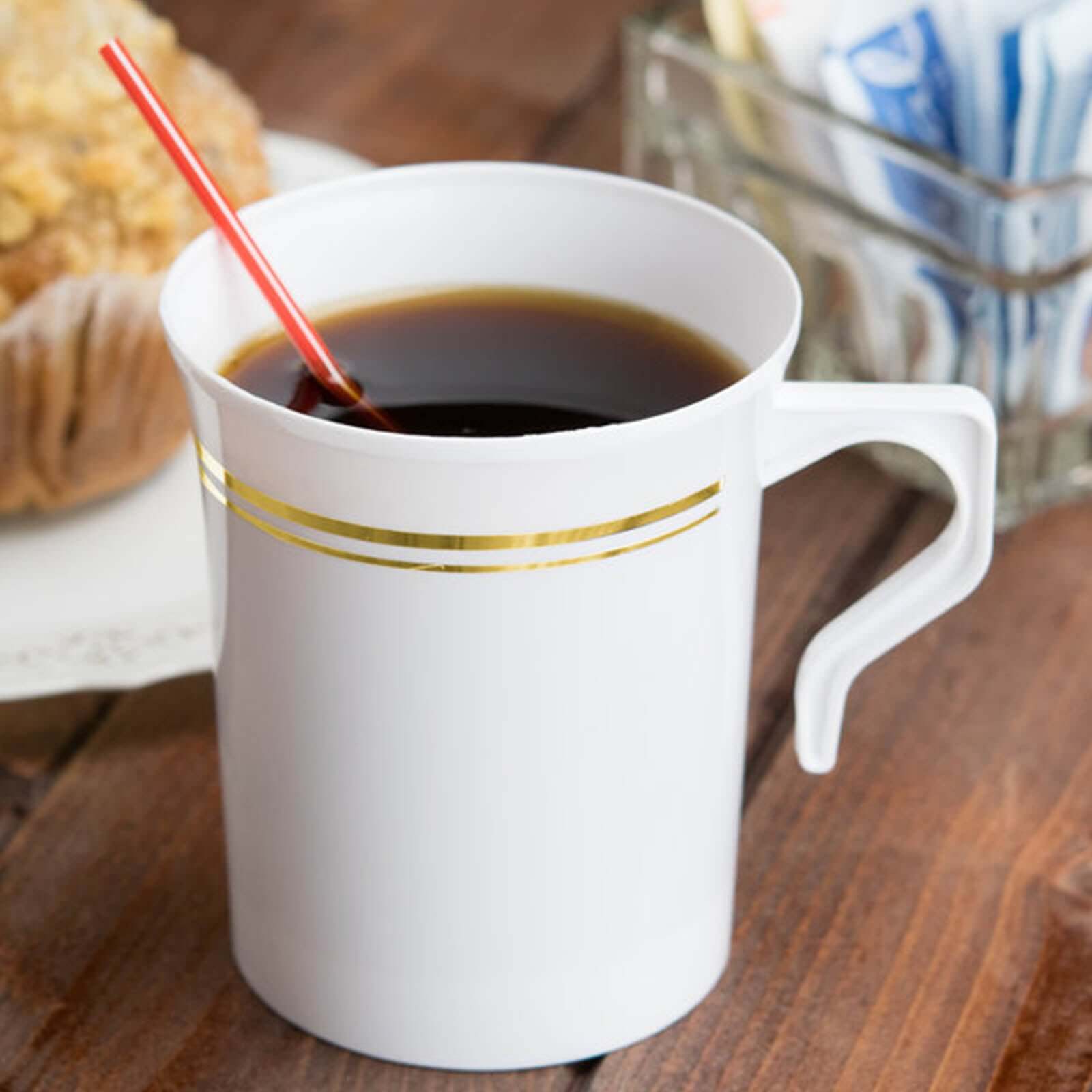 8 - Pack Plastic Coffee Mugs White with Gold Stripes - Sturdy Disposable Cups for Coffee and Tea 8oz 4" - Linen Luxes