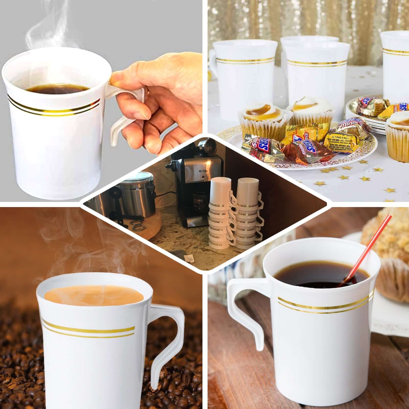 8 - Pack Plastic Coffee Mugs White with Gold Stripes - Sturdy Disposable Cups for Coffee and Tea 8oz 4" - Linen Luxes