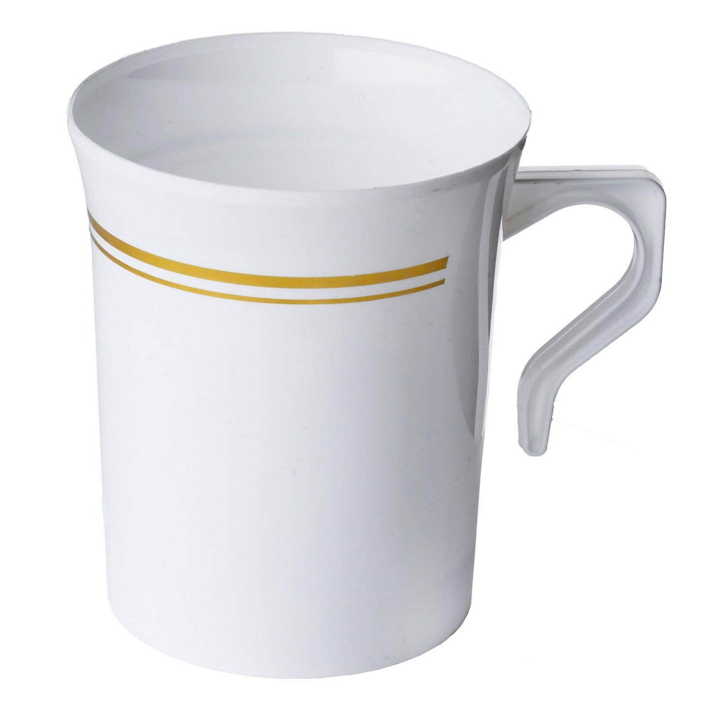 8 - Pack Plastic Coffee Mugs White with Gold Stripes - Sturdy Disposable Cups for Coffee and Tea 8oz 4" - Linen Luxes
