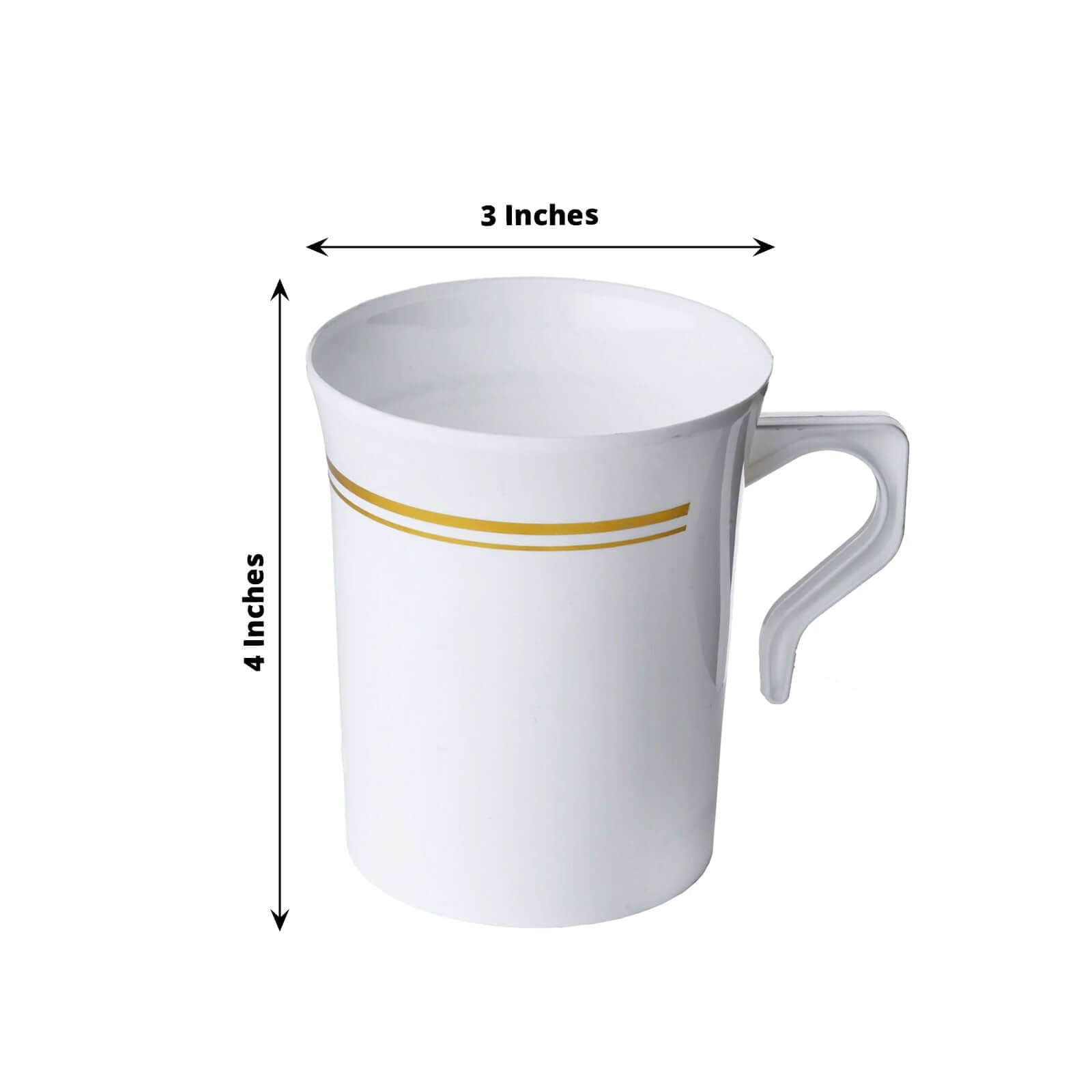 8 - Pack Plastic Coffee Mugs White with Gold Stripes - Sturdy Disposable Cups for Coffee and Tea 8oz 4" - Linen Luxes