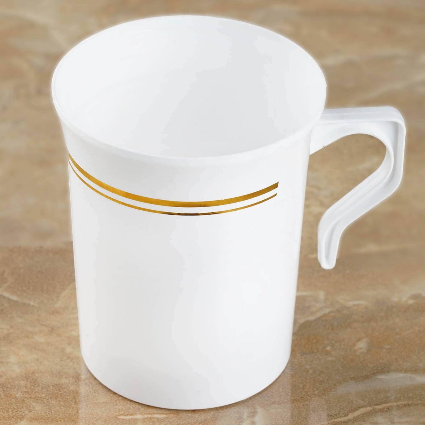 8 - Pack Plastic Coffee Mugs White with Gold Stripes - Sturdy Disposable Cups for Coffee and Tea 8oz 4" - Linen Luxes