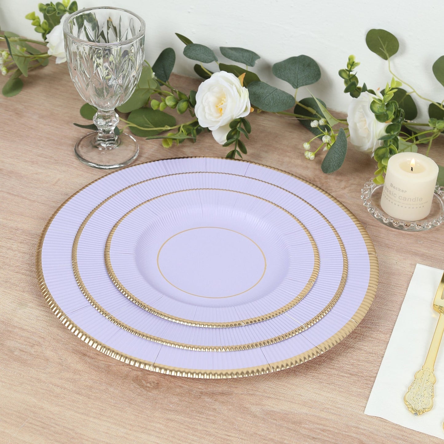 25-Pack Paper 8" Round Dessert Plates in Lavender Lilac Sunray Design with Gold Rim - Disposable Heavy Duty 350GSM Appetizer Salad Plates