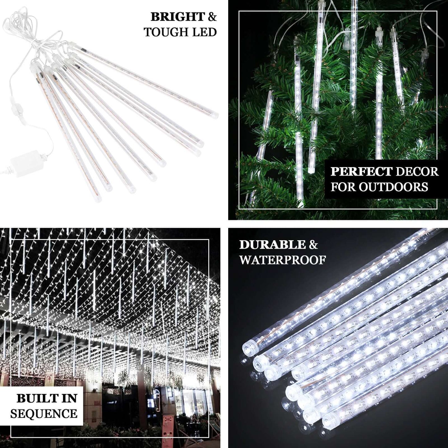 8 Tubes LED Hanging String Lights Icicle Design Clear - Waterproof Snowfall Effect 12" - Linen Luxes