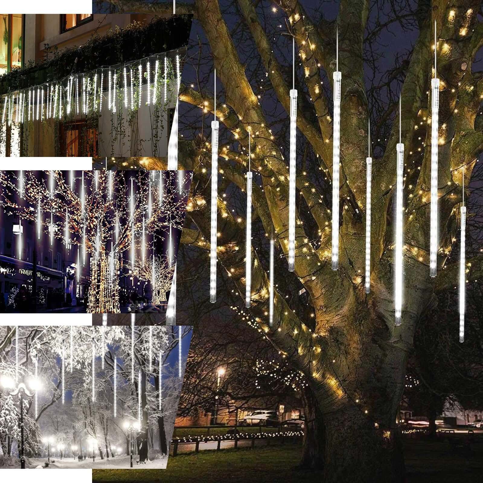 8 Tubes LED Hanging String Lights Icicle Design Clear - Waterproof Snowfall Effect 12" - Linen Luxes