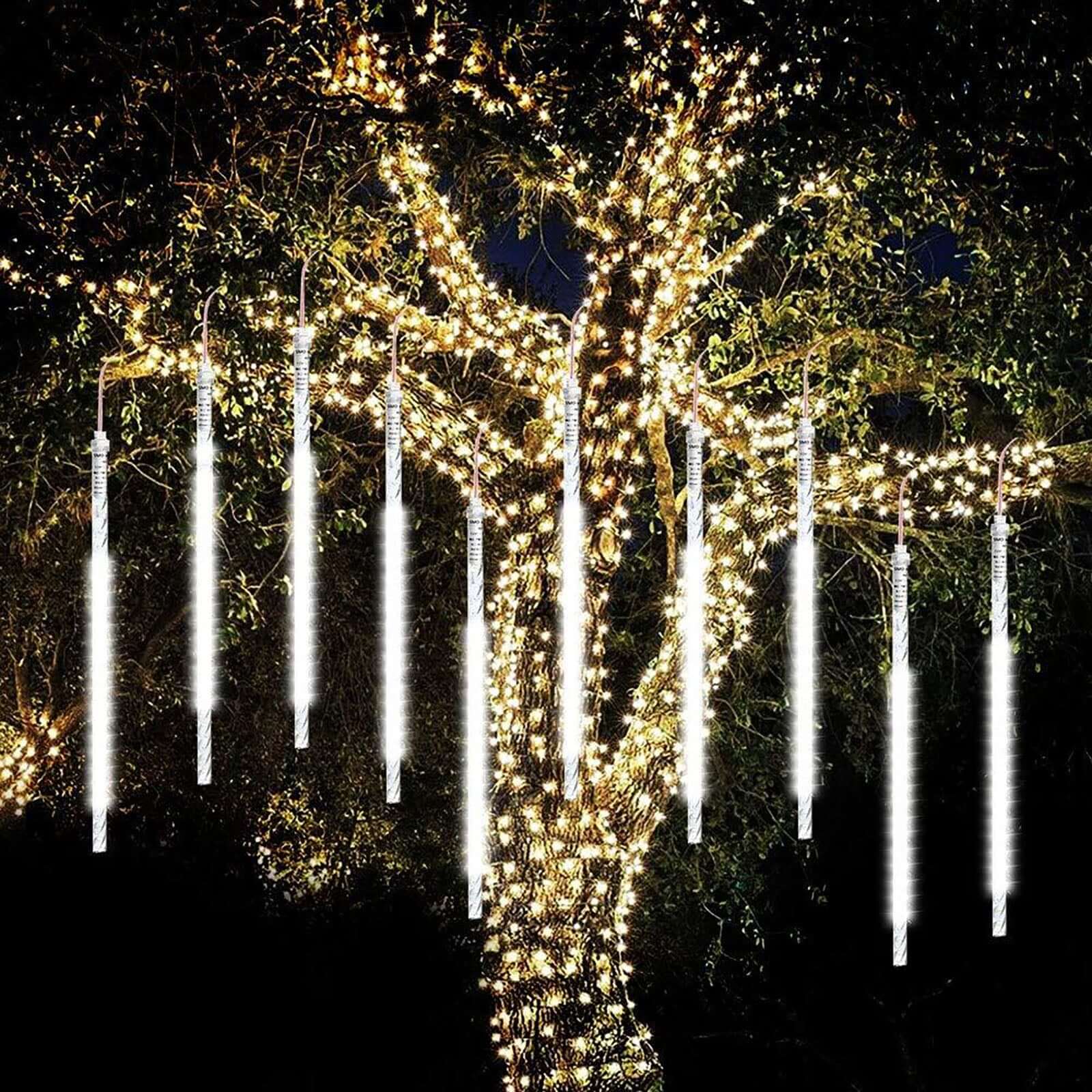 8 Tubes LED Hanging String Lights Icicle Design Clear - Waterproof Snowfall Effect 12" - Linen Luxes