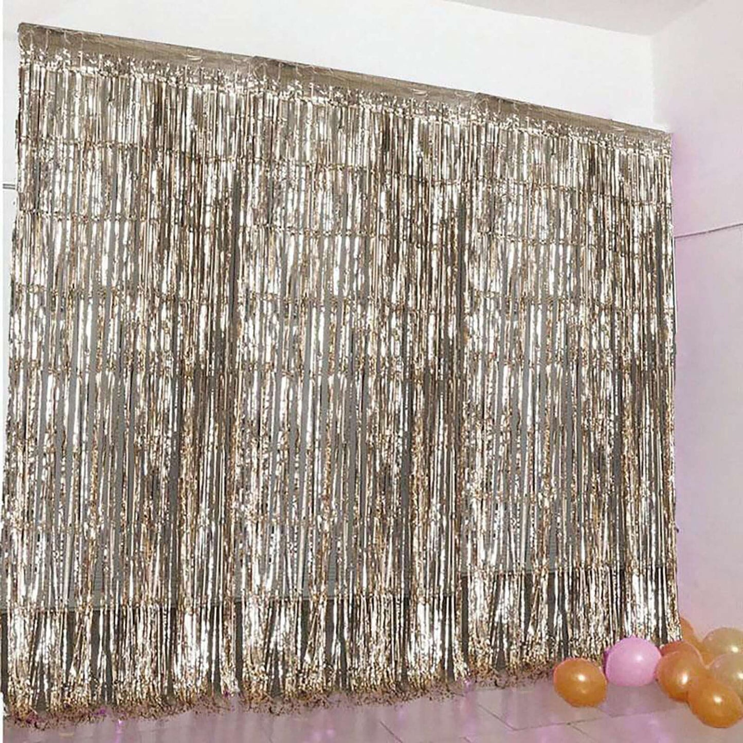 8ft Champagne Metallic Tinsel Foil Fringe Doorway Curtain Party Backdrop - Linen Luxes