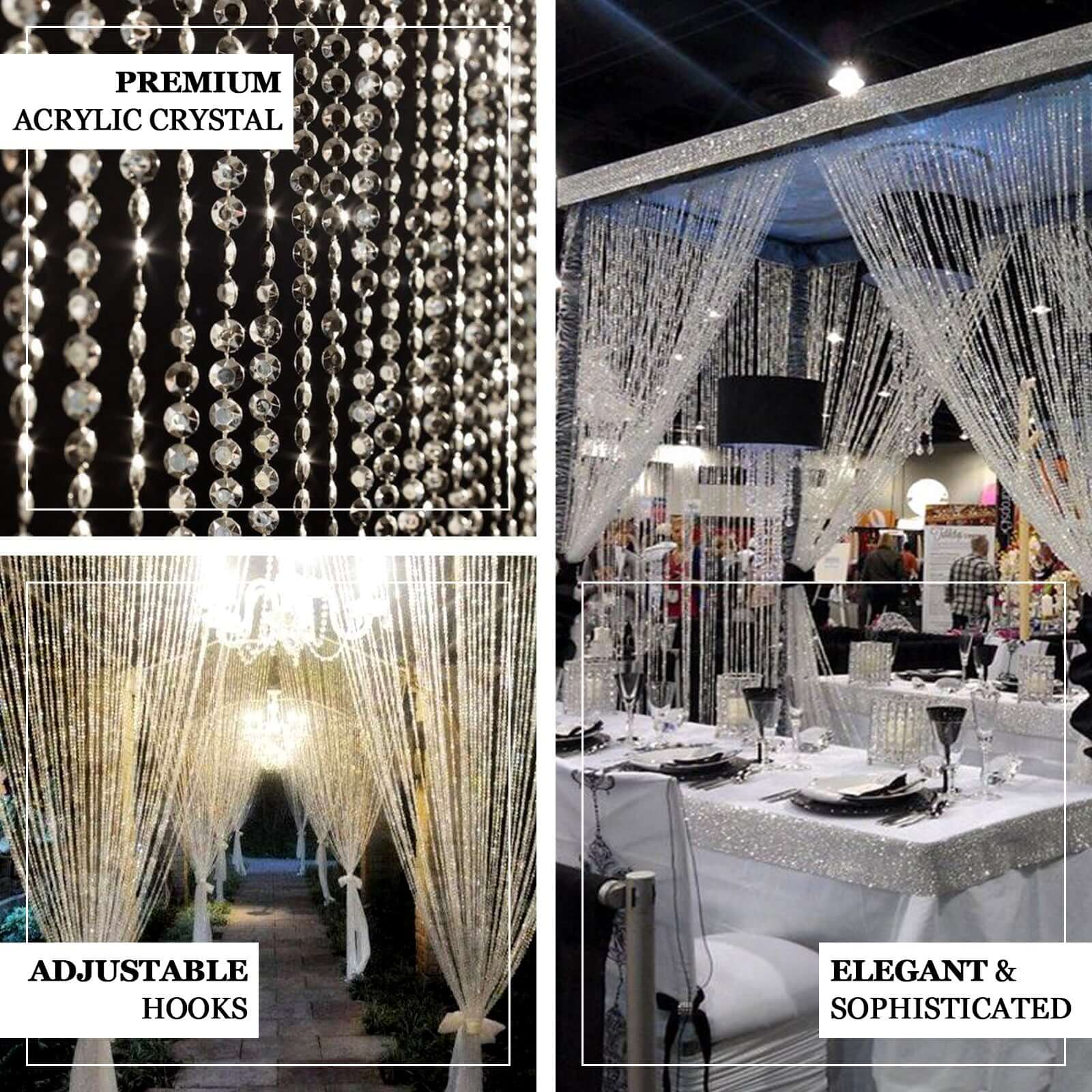 8ft Crystal Diamond Beaded Curtain with Plastic Rod and Adjustable Hooks - Linen Luxes