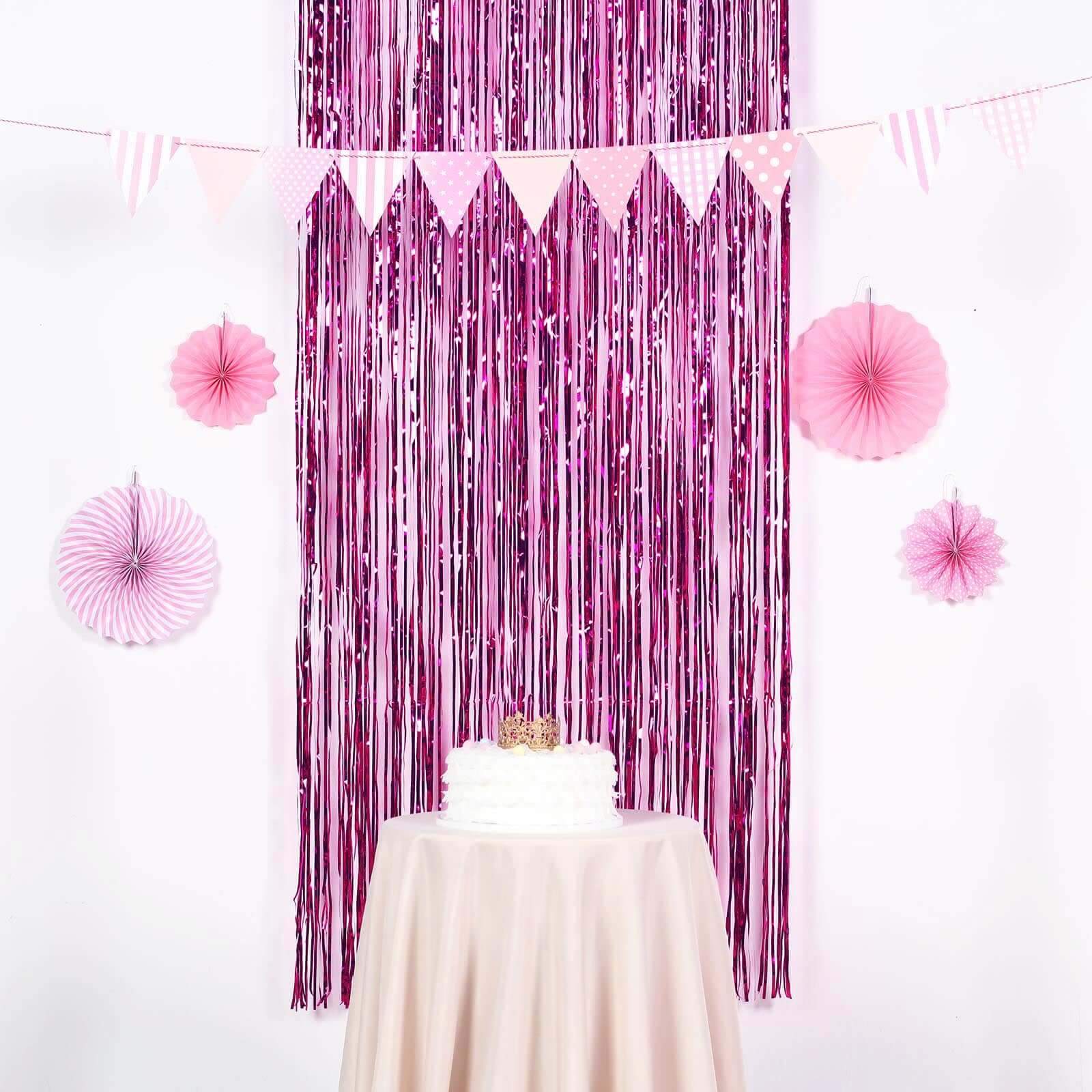 8ft Fuchsia Metallic Tinsel Foil Fringe Doorway Curtain Party Backdrop - Linen Luxes