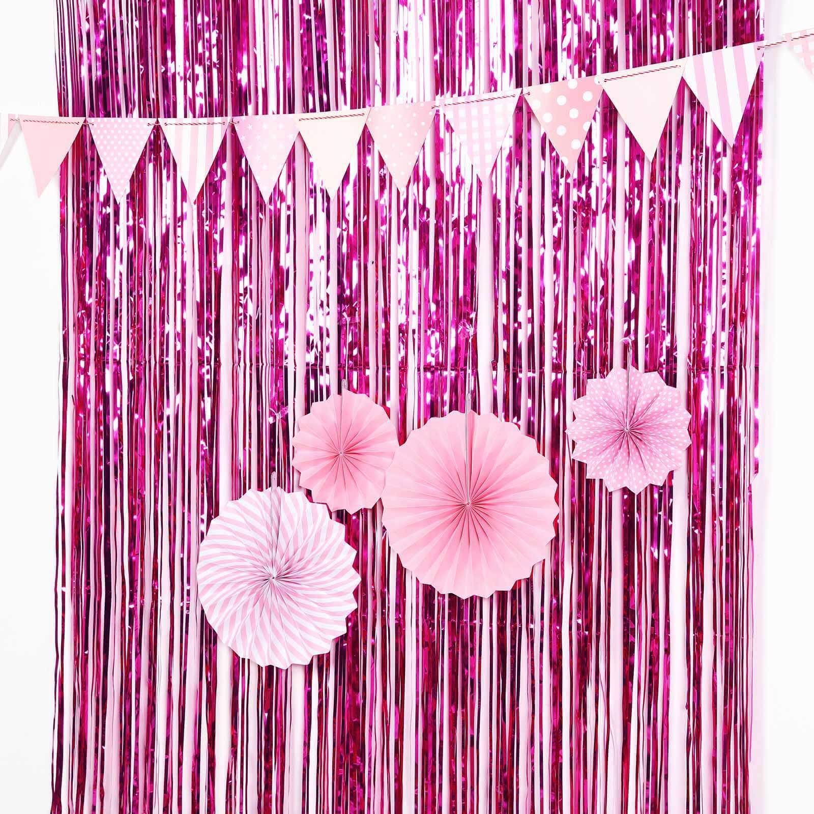 8ft Fuchsia Metallic Tinsel Foil Fringe Doorway Curtain Party Backdrop - Linen Luxes