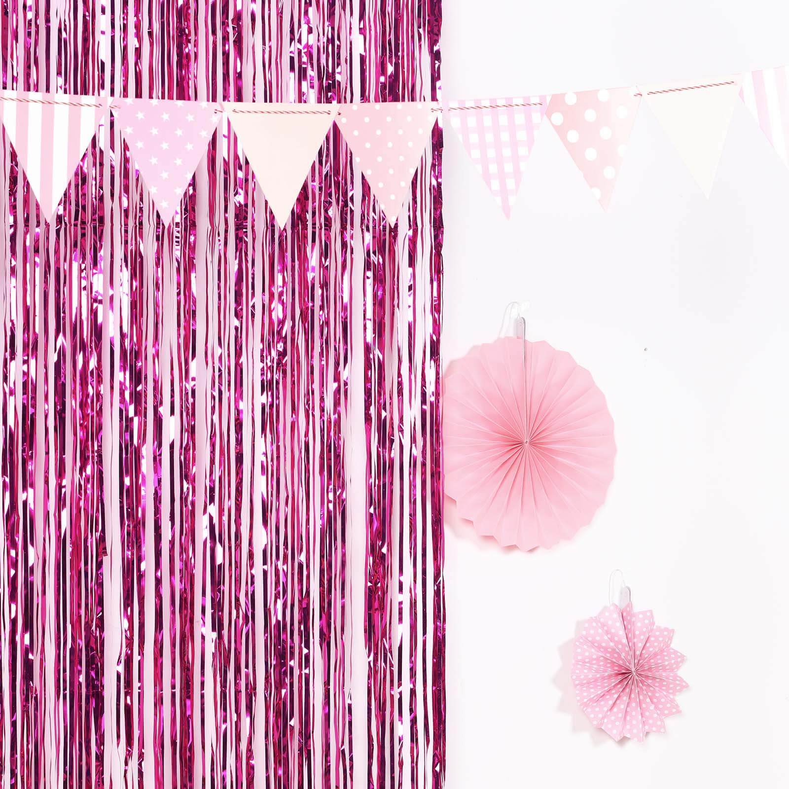 8ft Fuchsia Metallic Tinsel Foil Fringe Doorway Curtain Party Backdrop - Linen Luxes