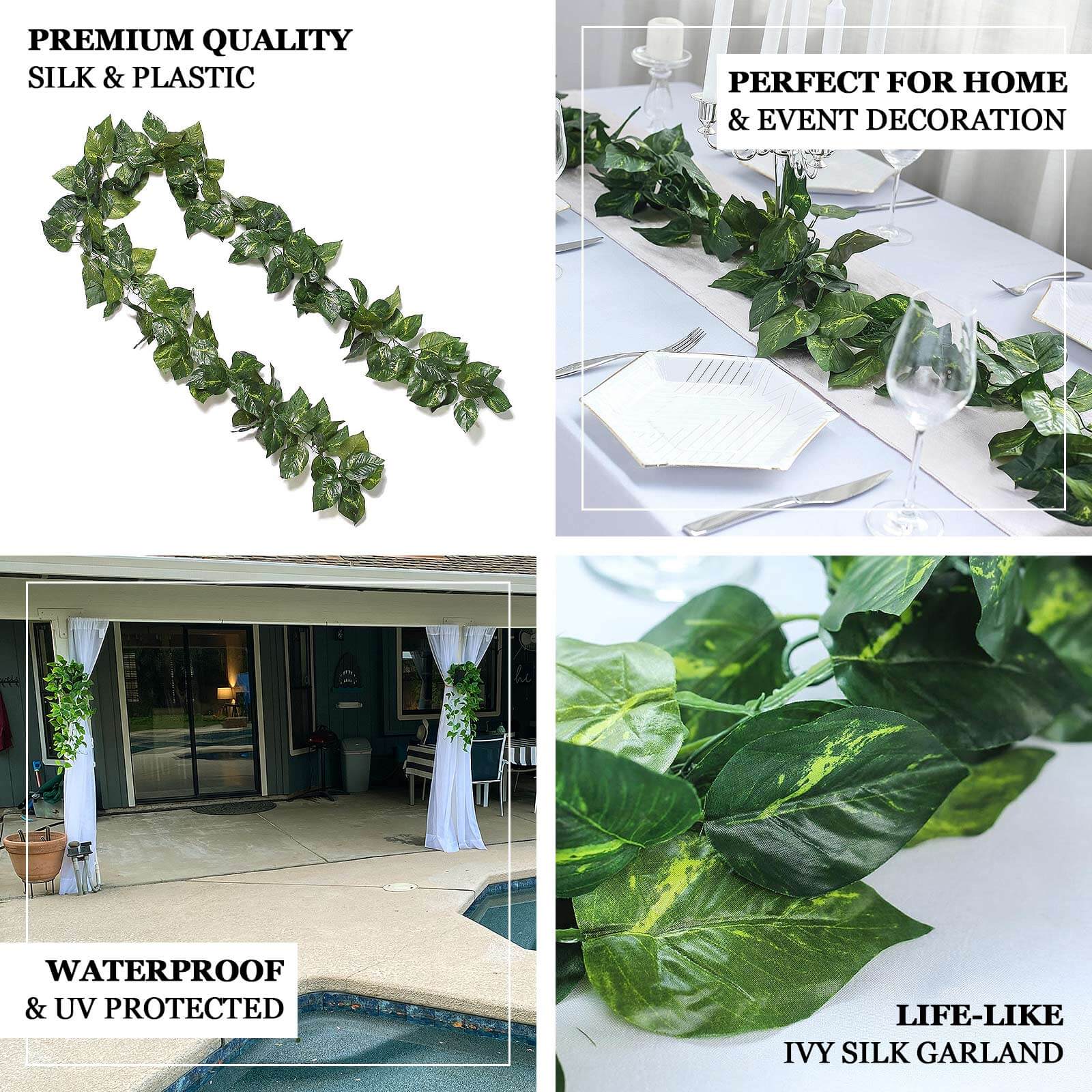 8ft Green UV Protected Artificial Silk Ivy Leaf Garland Vine, Outdoor Indoor - Linen Luxes