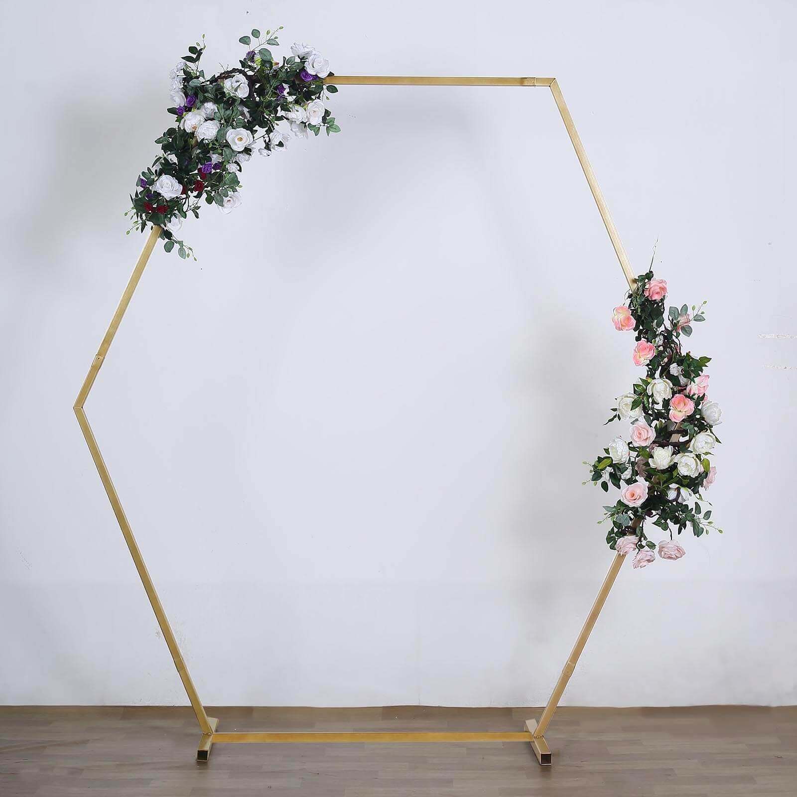 8ft Heavy Duty Gold Metal Hexagonal Wedding Arbor Photo Backdrop Stand - Linen Luxes