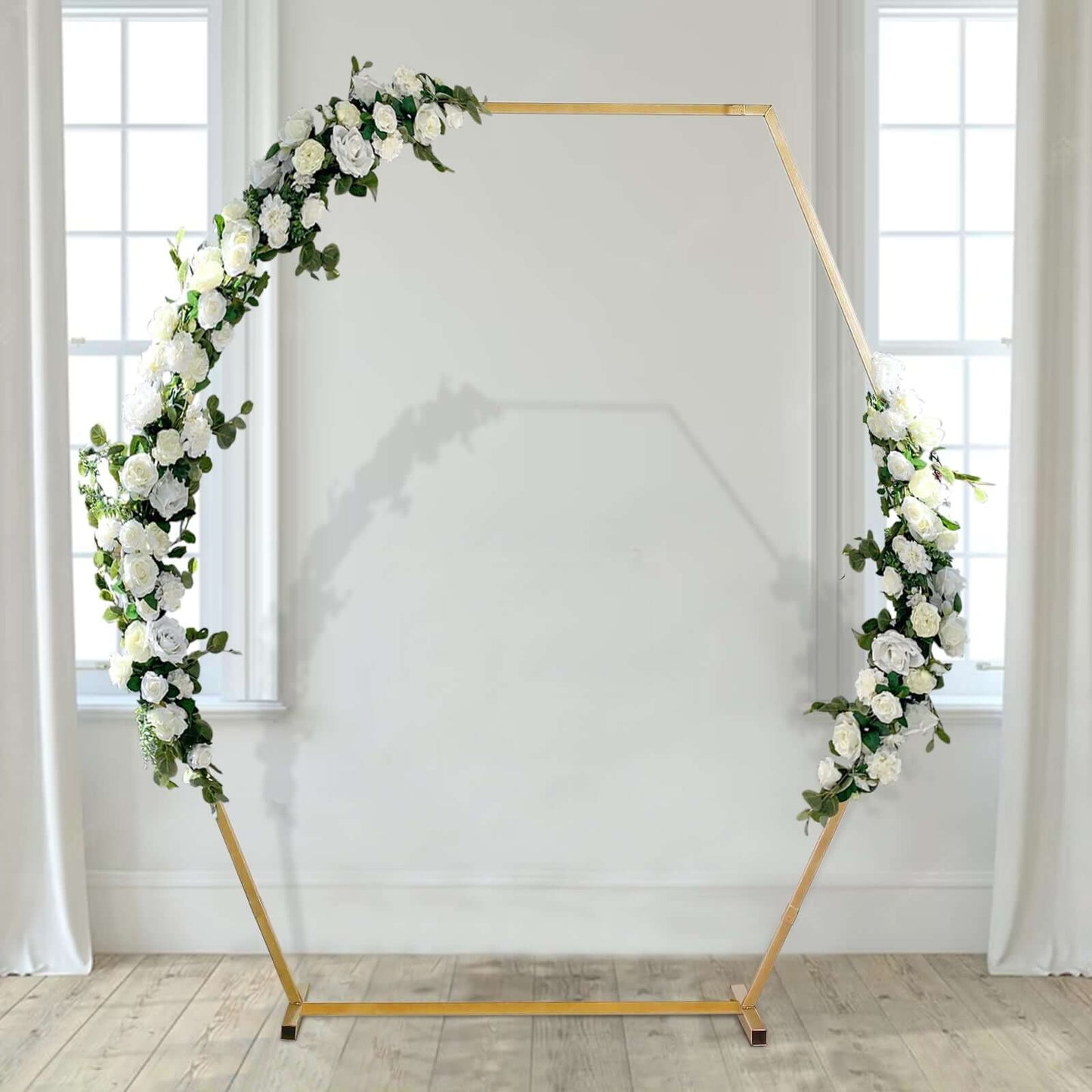 8ft Heavy Duty Gold Metal Hexagonal Wedding Arbor Photo Backdrop Stand - Linen Luxes