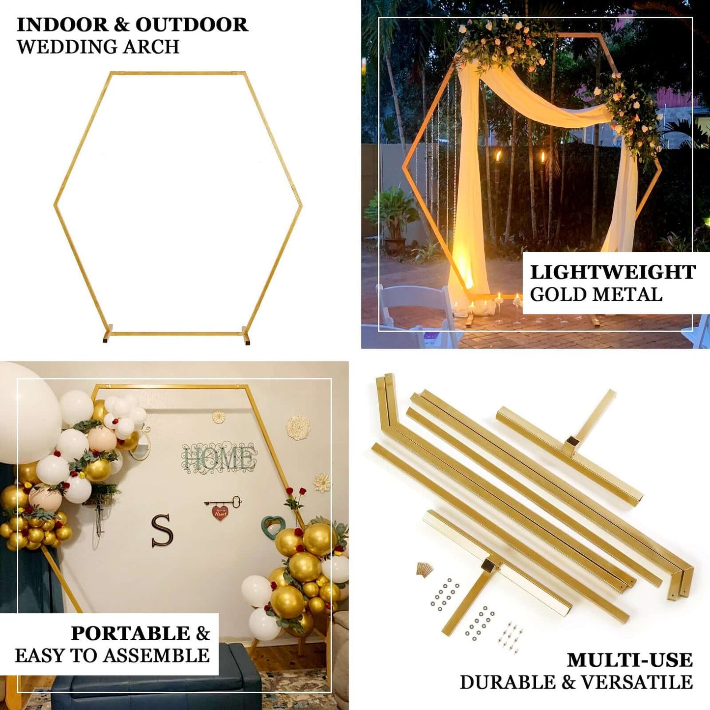 8ft Heavy Duty Gold Metal Hexagonal Wedding Arbor Photo Backdrop Stand - Linen Luxes
