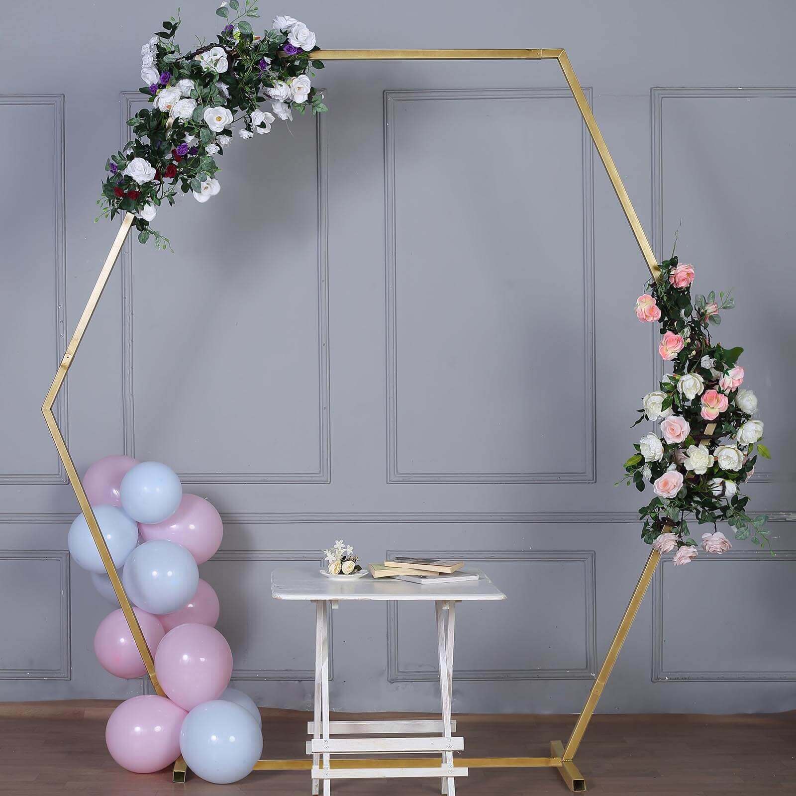 8ft Heavy Duty Gold Metal Hexagonal Wedding Arbor Photo Backdrop Stand - Linen Luxes