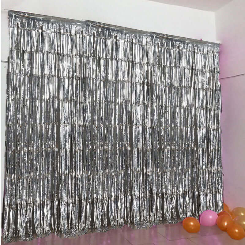 8ft Silver Metallic Tinsel Foil Fringe Doorway Curtain Party Backdrop - Linen Luxes