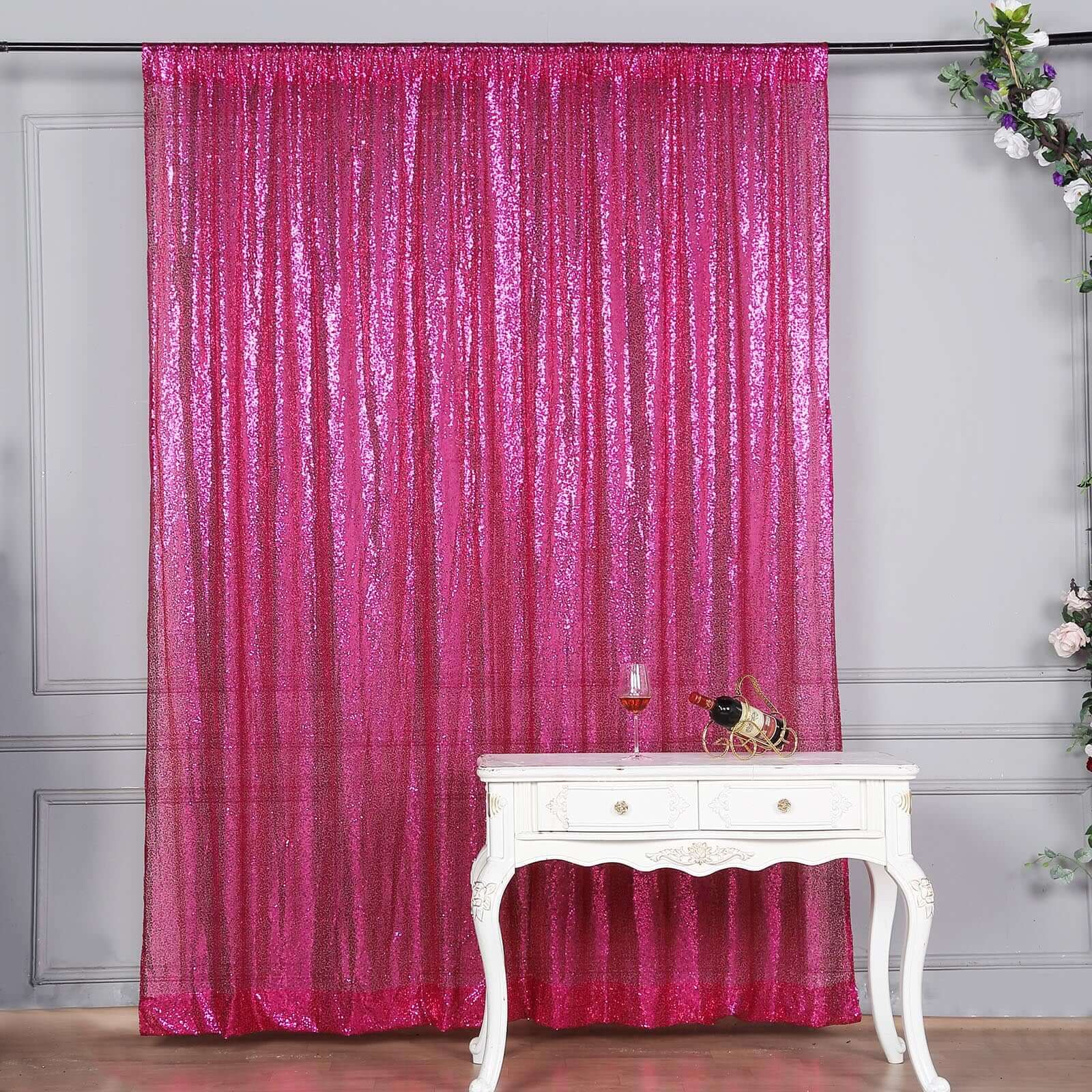 8ftx8ft Fuchsia Sequin Event Curtain Drapes, Backdrop Event Panel - Linen Luxes