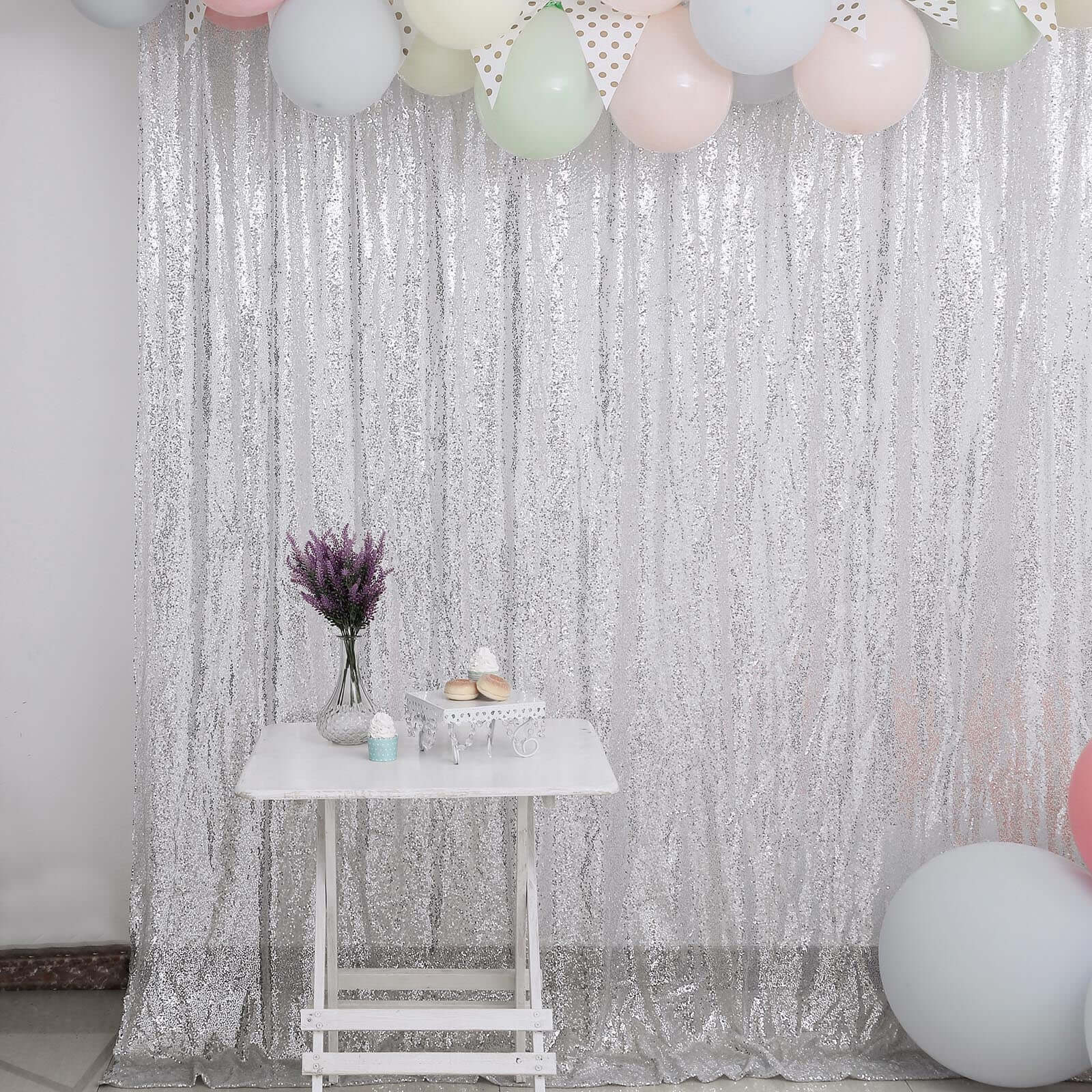 8ftx8ft Silver Sequin Event Curtain Drapes, Backdrop Event Panel - Linen Luxes