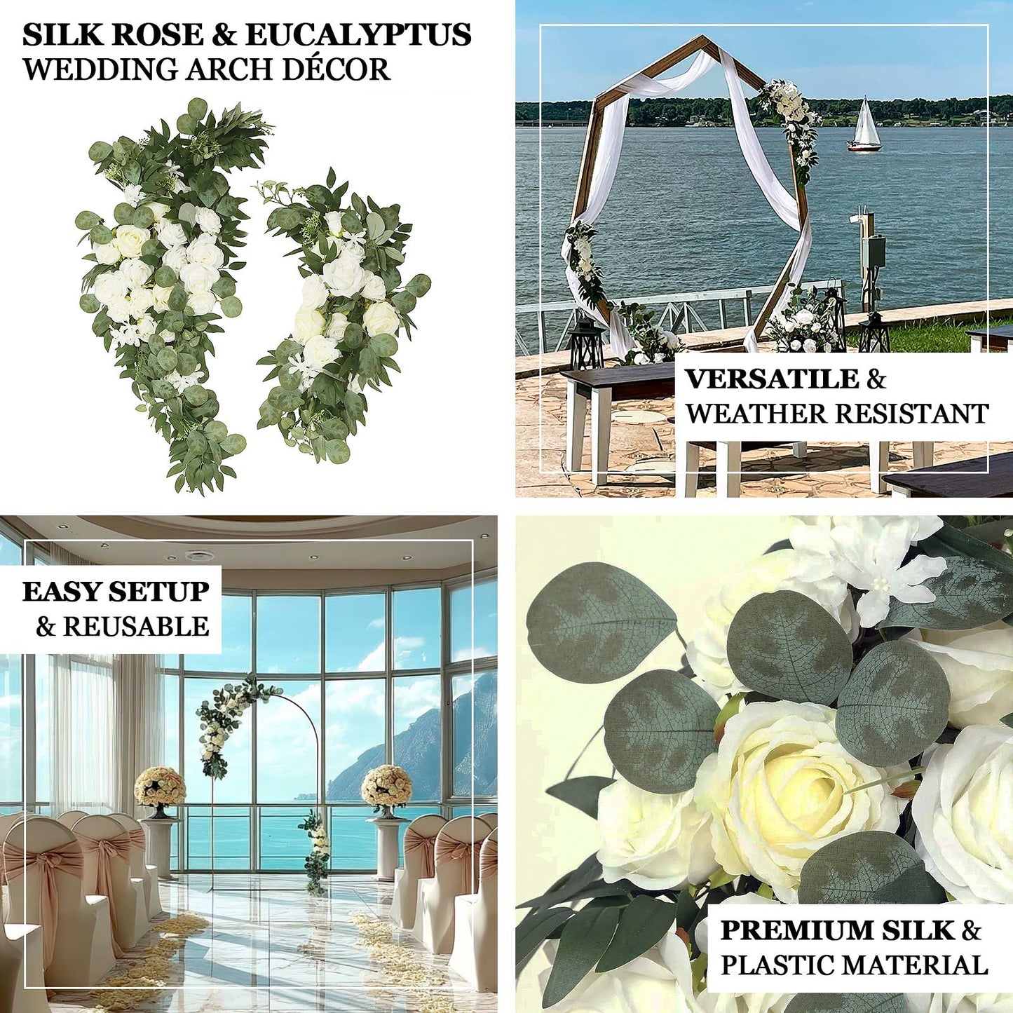 Set of 2 White Silk Rose Wedding Arch Flowers with Eucalyptus Leaves, Artificial Floral Swag Arrangement Party Decorations - 20",30"