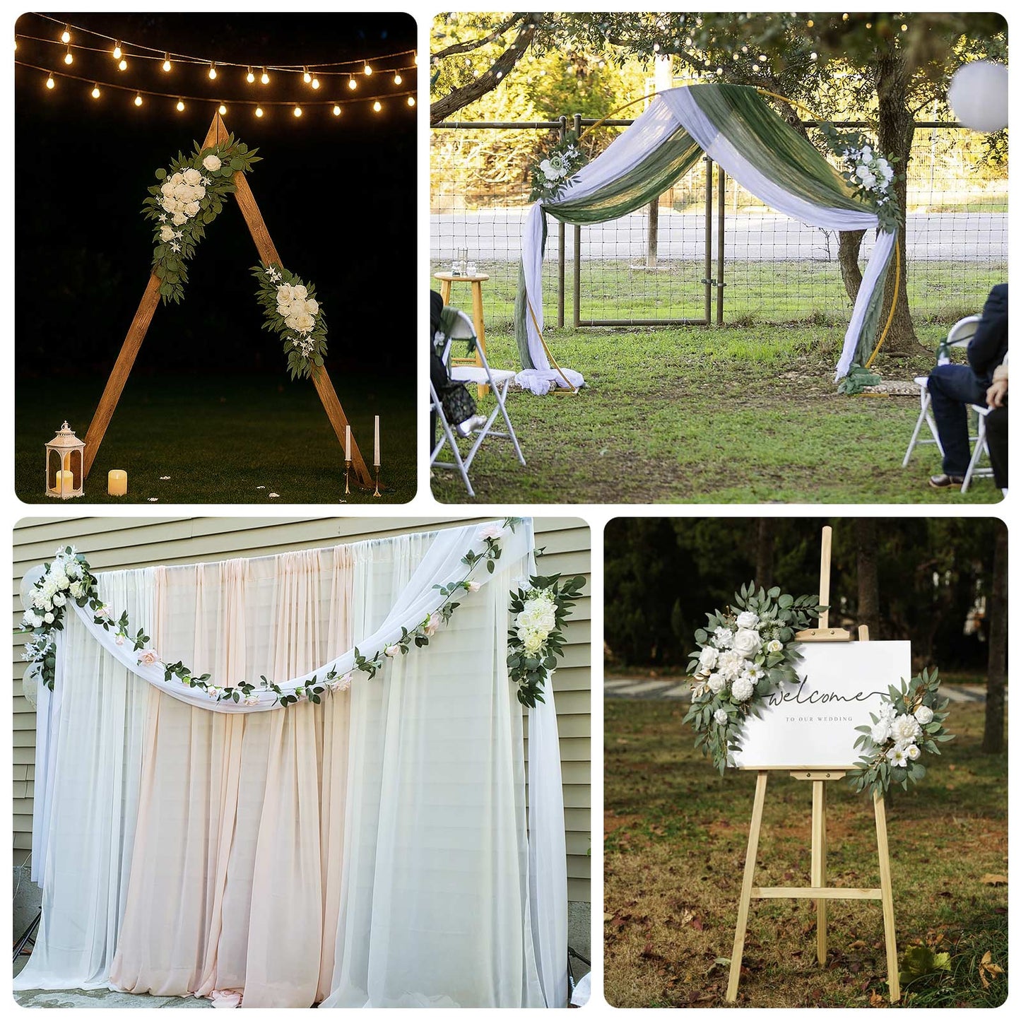 Set of 2 White Silk Rose Wedding Arch Flowers with Eucalyptus Leaves, Artificial Floral Swag Arrangement Party Decorations - 20",30"