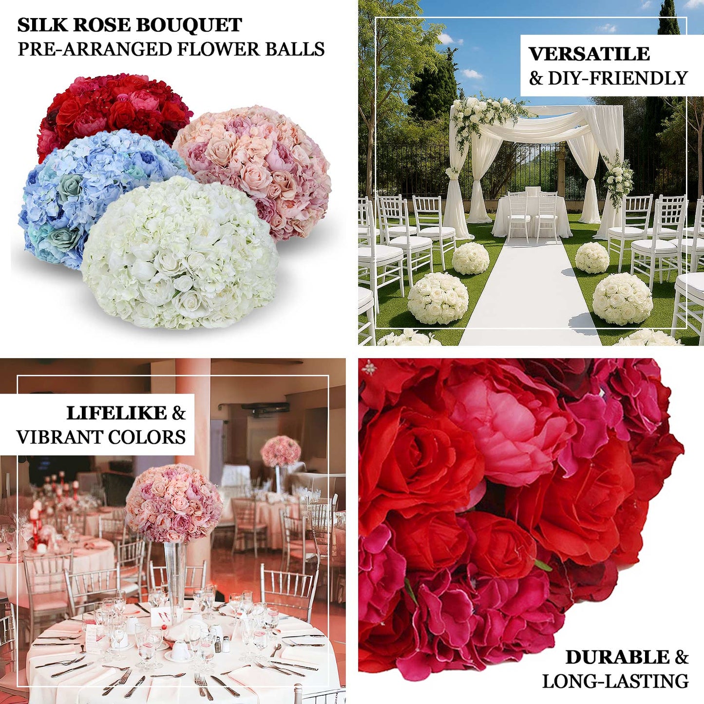 Pre-Arranged Silk Rose Wedding Centerpiece, Blue Artificial Rose Flower Balls Arrangement Table Decor - 20"