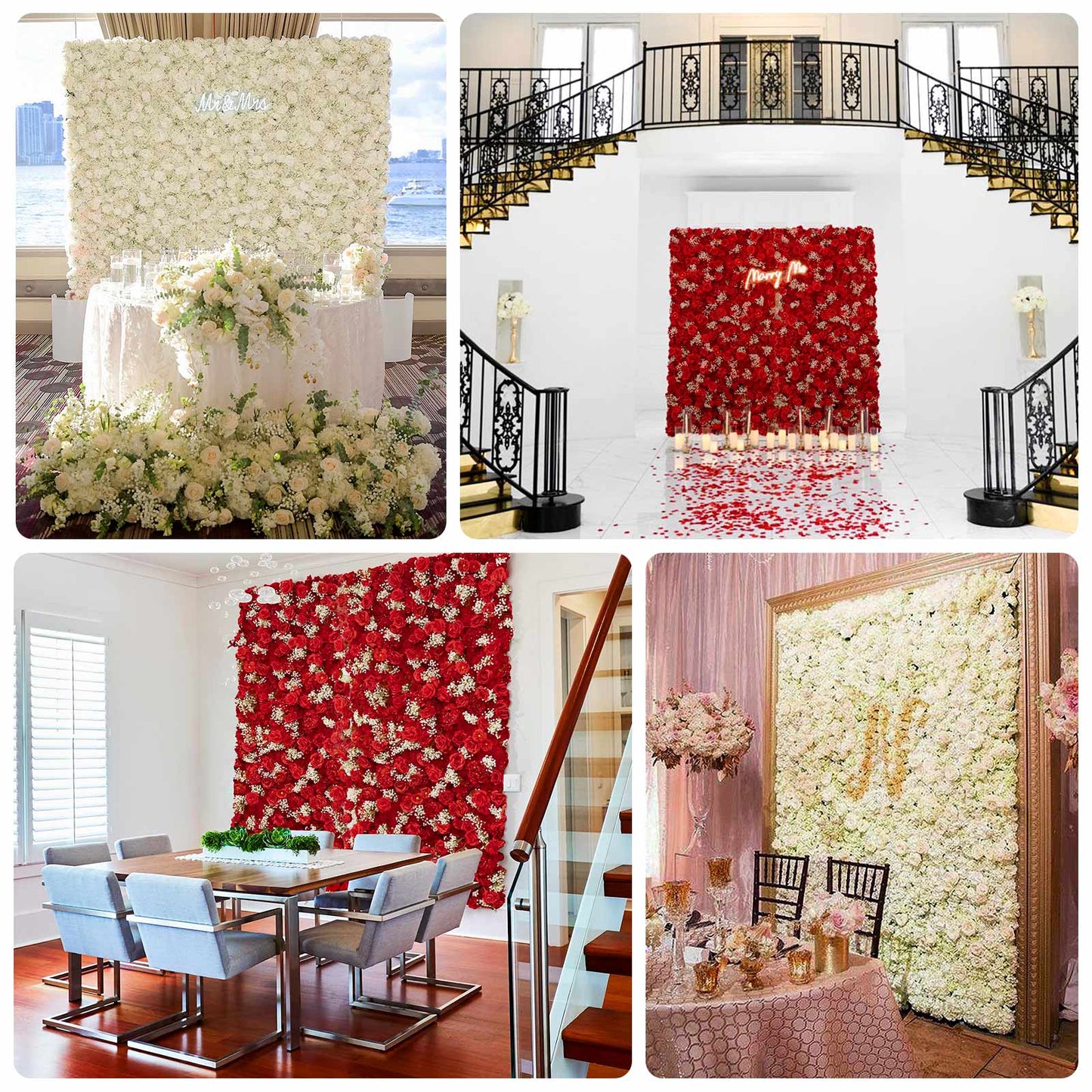 8ftx4ft Roll Up Artificial Flower Wall Panel Backdrop with White Silk Roses & Baby's Breath