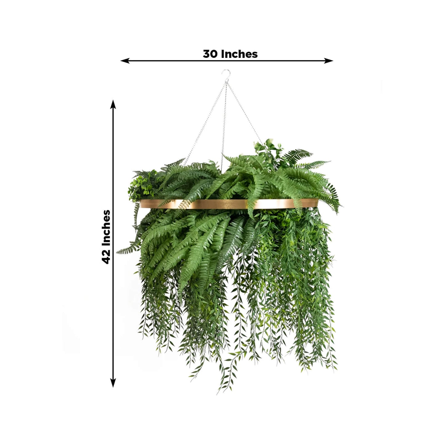 Large Faux Greenery Hoop Chandelier â€“ 24" Gold Ring with 42" Draping Fern for Boho or Garden-Themed Events