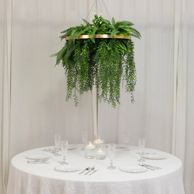 Large Faux Greenery Hoop Chandelier â€“ 24" Gold Ring with 42" Draping Fern for Boho or Garden-Themed Events