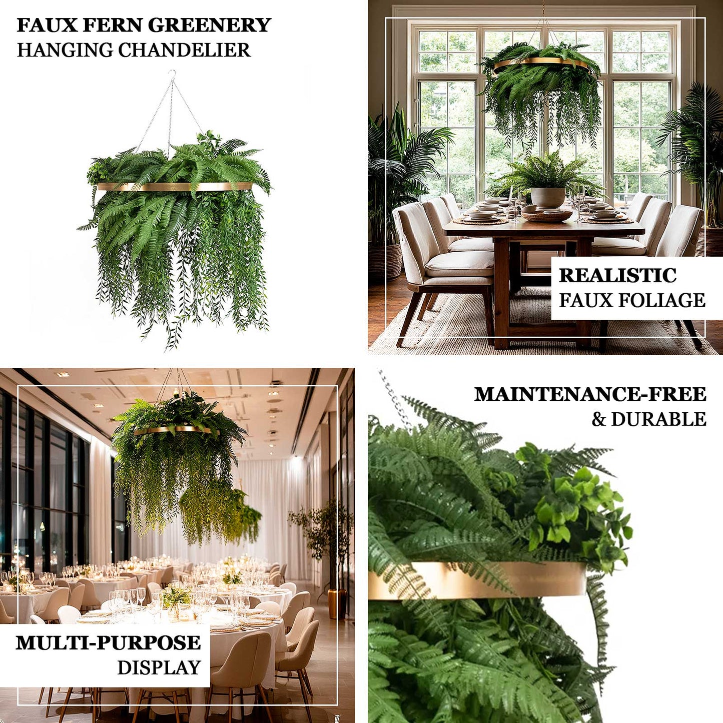 Large Faux Greenery Hoop Chandelier â€“ 24" Gold Ring with 42" Draping Fern for Boho or Garden-Themed Events