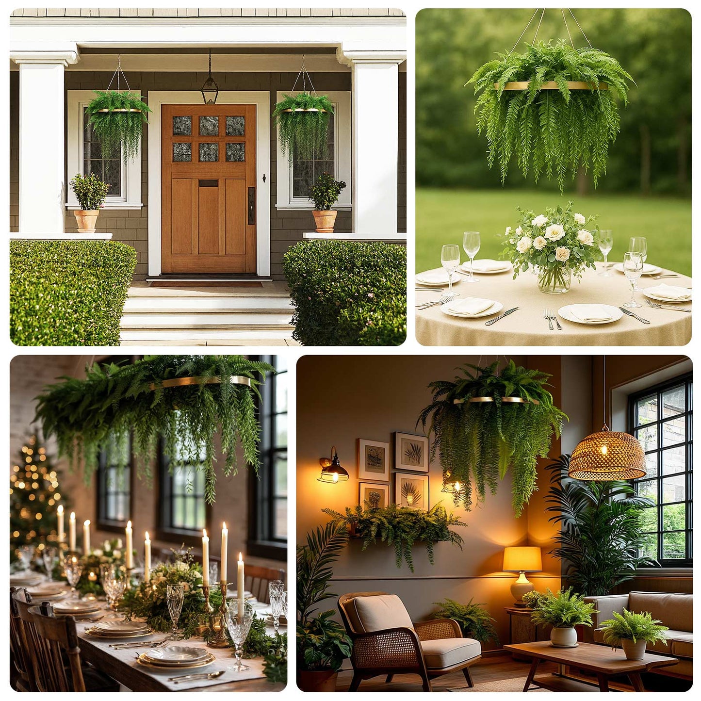 Large Faux Greenery Hoop Chandelier â€“ 24" Gold Ring with 42" Draping Fern for Boho or Garden-Themed Events