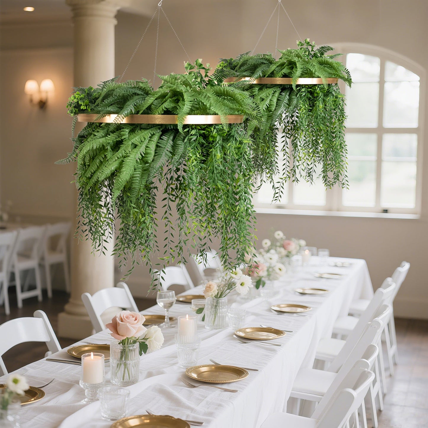Large Faux Greenery Hoop Chandelier â€“ 24" Gold Ring with 42" Draping Fern for Boho or Garden-Themed Events