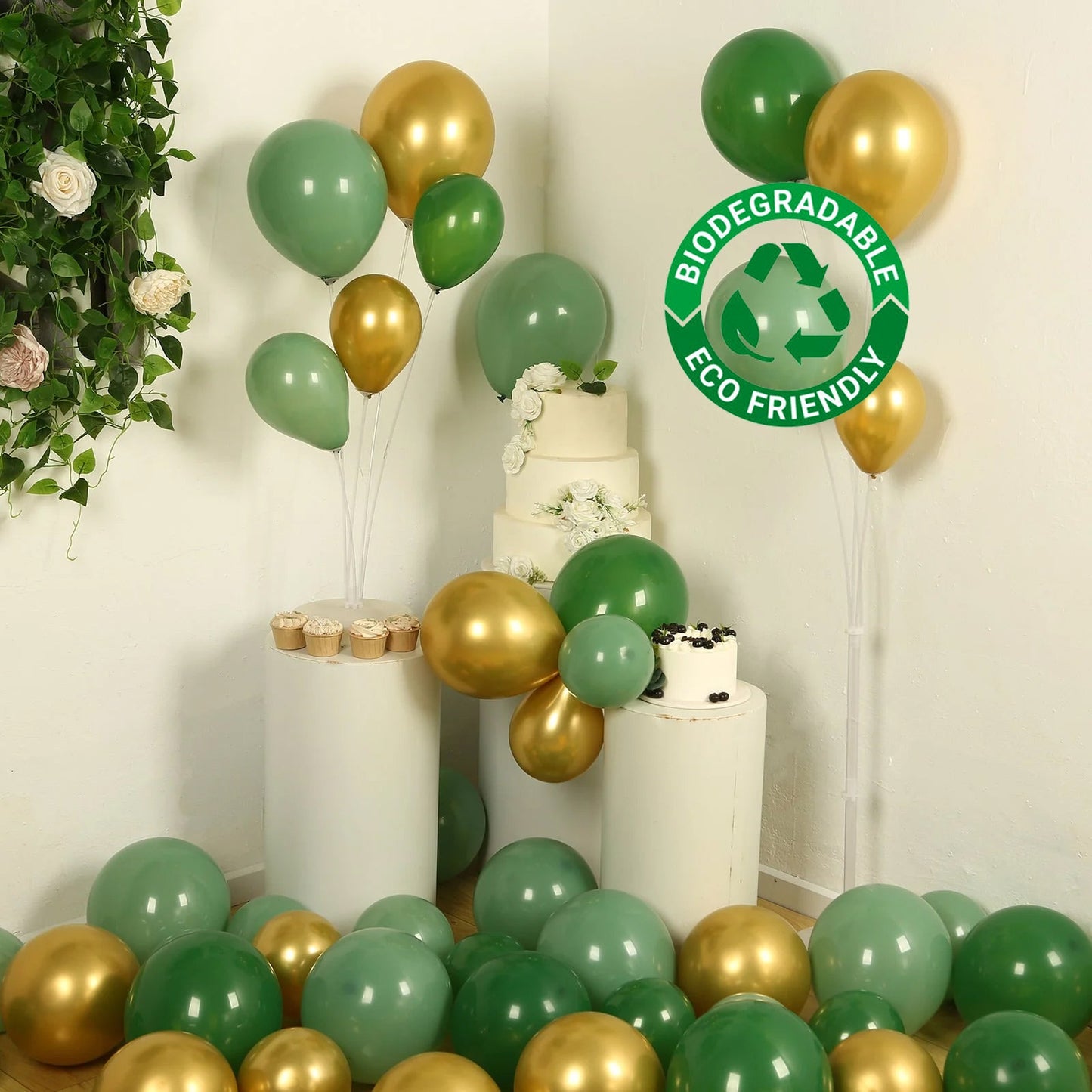 Set of 120 Gold Green Biodegradable Balloon Arch Kit, Extra Strong Eco-friendly Latex Party Balloon Garland