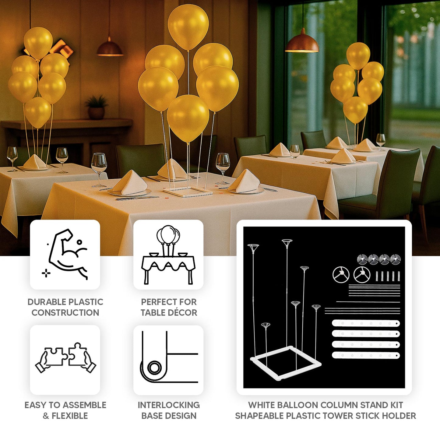 Set of 2 White Plastic Balloon Column Stand with Interlocking Base, DIY Shapeable Balloon Tower Stick Holder Kit for Table Centerpieces