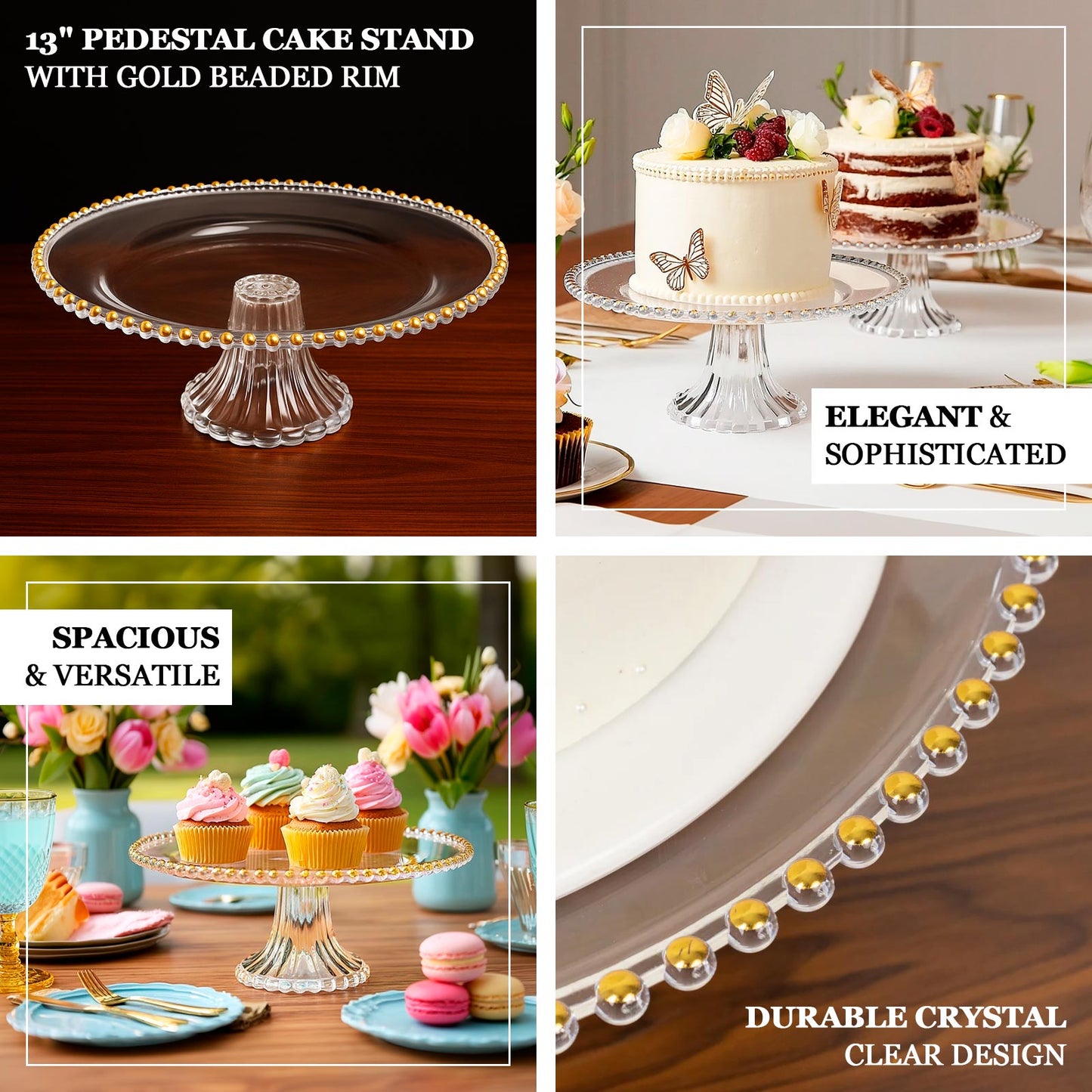 2-Pack Clear Plastic Pedestal Cake Stands â€“ 13" Round Dessert Display Trays with Gold Beaded Rim