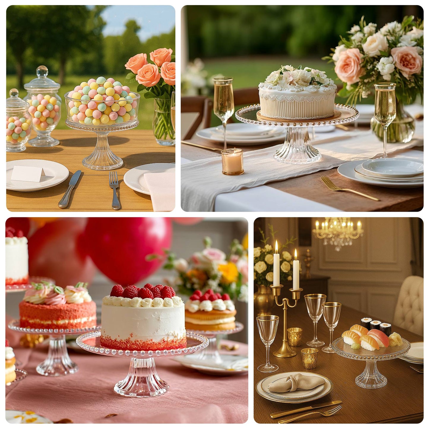 2-Pack Clear Plastic Pedestal Cake Stands â€“ 13" Round Dessert Display Trays with Gold Beaded Rim