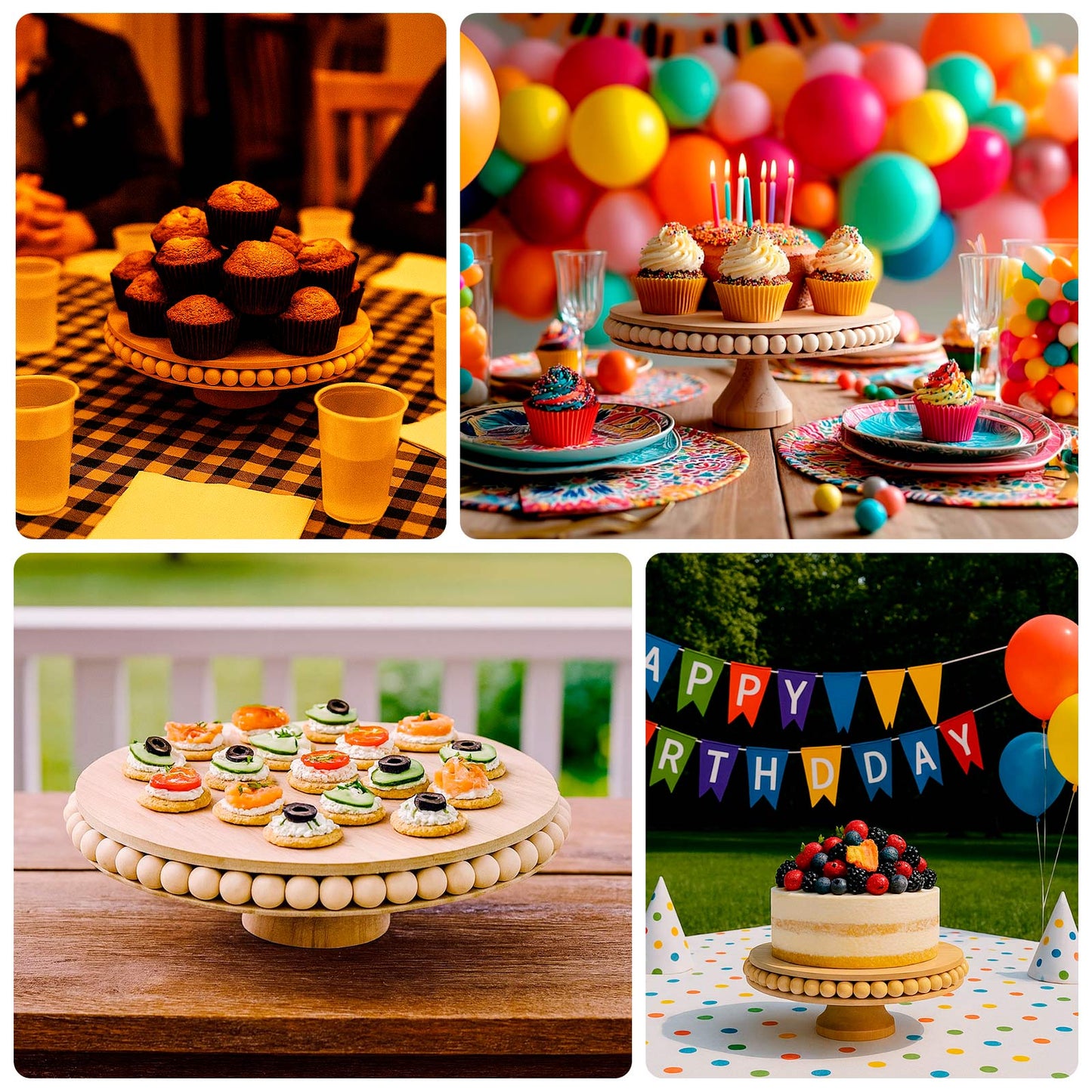 Wooden Pedestal Cake Stand Round Rustic Design with Beaded Edge Natural - Farmhouse Cupcake Holder Serving Tray 12"