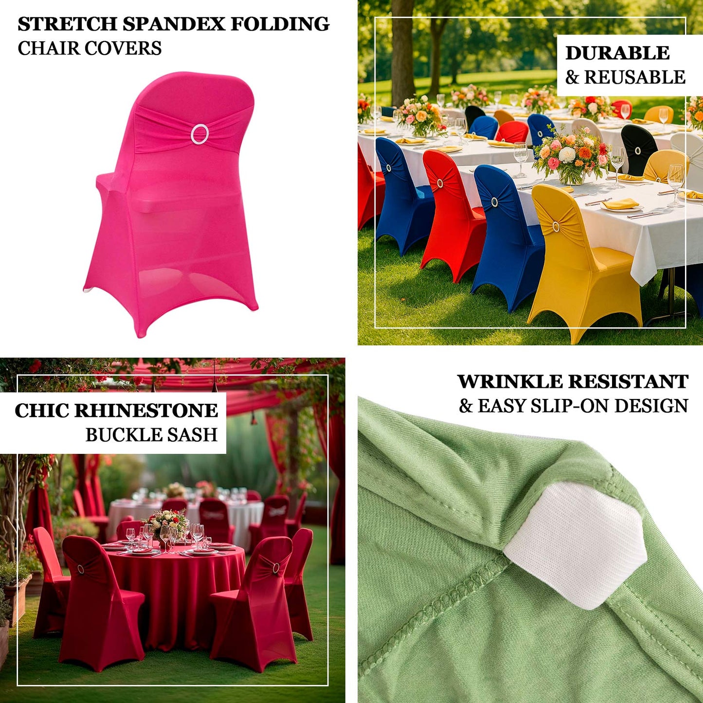 Stretch Spandex Chair Cover Fuchsia for Folding Chairs - Secure Fit Slipcover with Silver Rhinestone Buckled Sash Band
