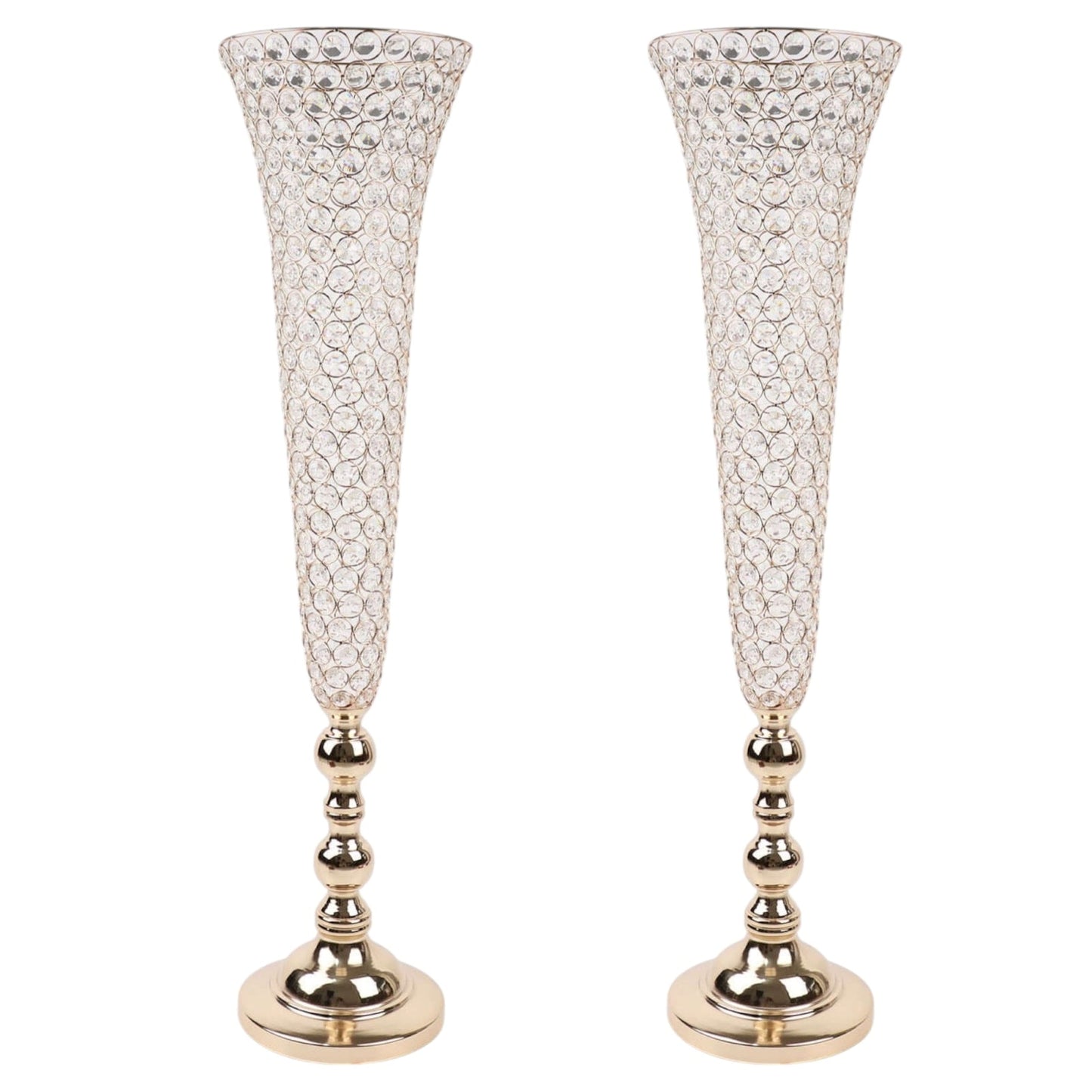 2-Pack Crystal Beaded Trumpet Vase Set Gold - Table Centerpiece for Grand Occasions 40"