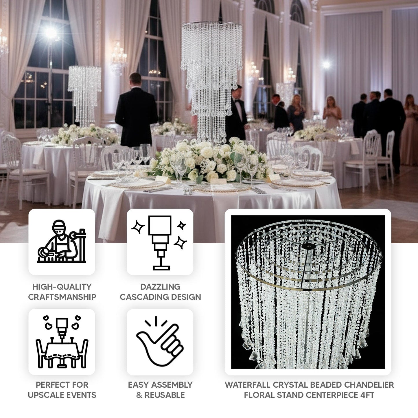 4ft Table Centerpiece in Crystal Beaded Waterfall Chandelier Style â€“ Cascading Metal Floral Stand for Weddings & Luxury Event DÃ©cor