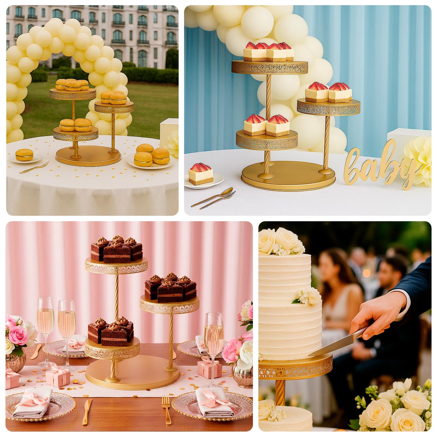 3-Tier Dessert Stand Hollow Lace Round Design Gold - Cupcake Tower and Tiered Cake Display Metal 21"