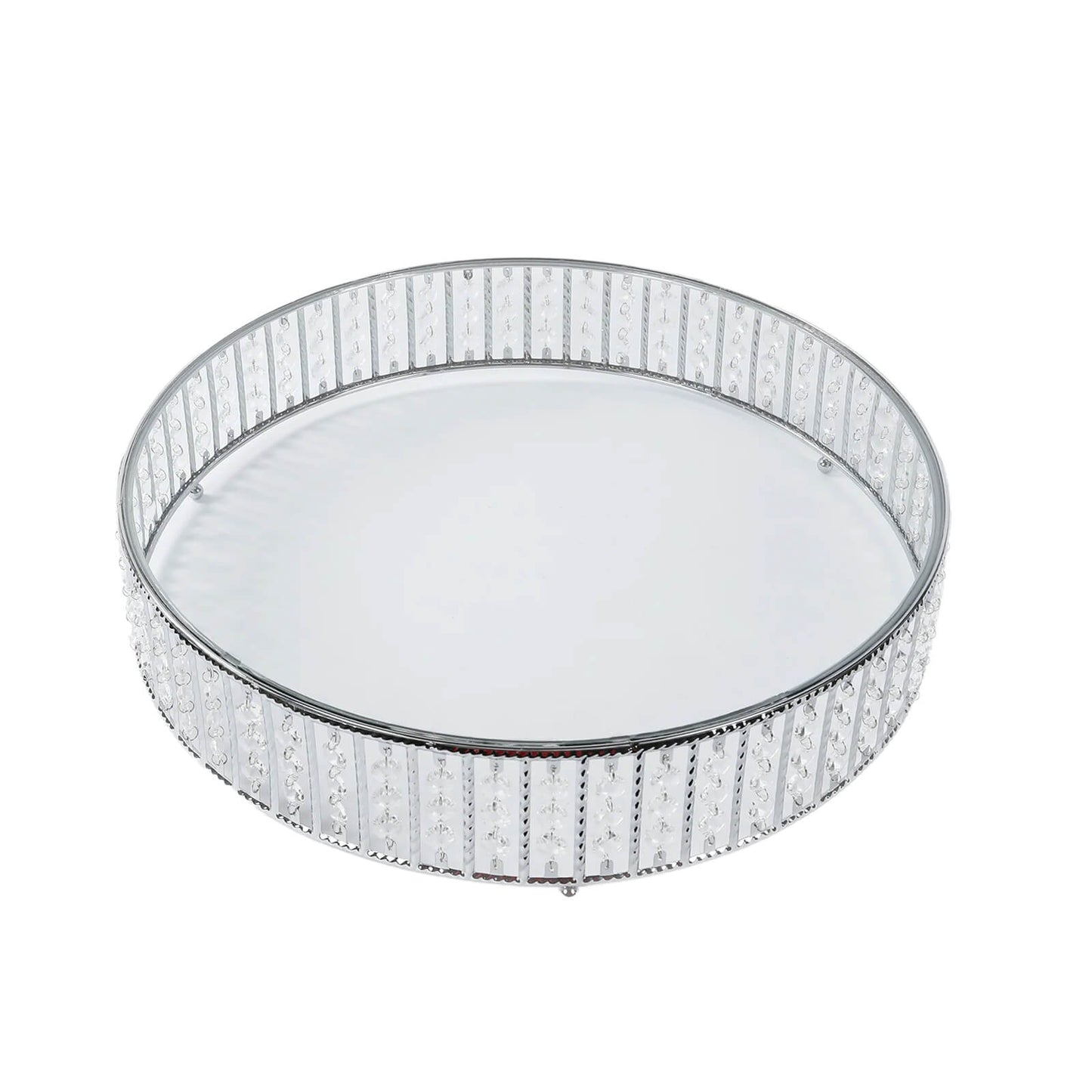 18" Round Silver Cake Stand with Hanging Crystal Beads and Glass Top â€“ Metal Dessert Display Tray